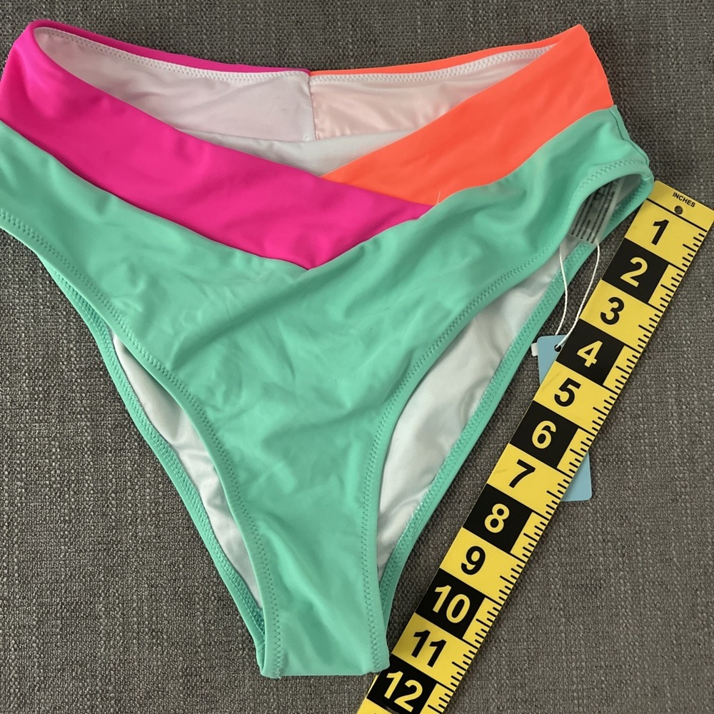 Popvil Neon Color Block High Waisted Bikini Bottom Pink Orange Mint SZ MED NWT - Picture 4 of 10